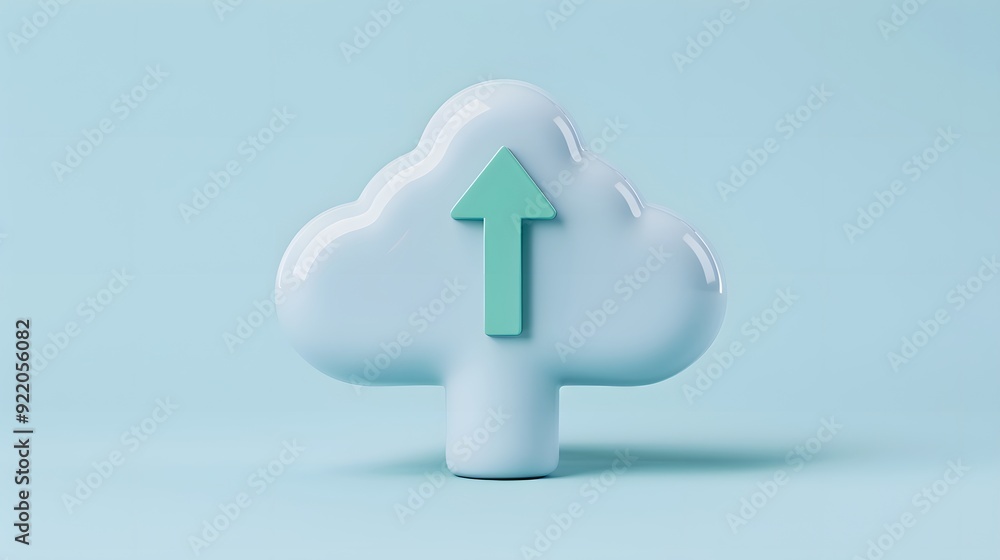 Poster minimalist cloud icon with an arrow pointing up, symbolizing cloud computing and data upload on a bl