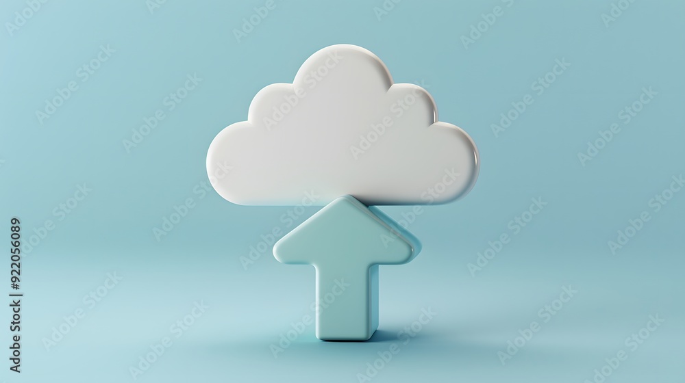 Poster minimalist cloud icon with an upward arrow, symbolizing cloud computing and data upload, set against