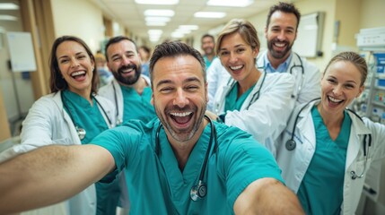 Doctors and Nurses Having Fun Together in a Hospital Setting, Selfie time, smiling