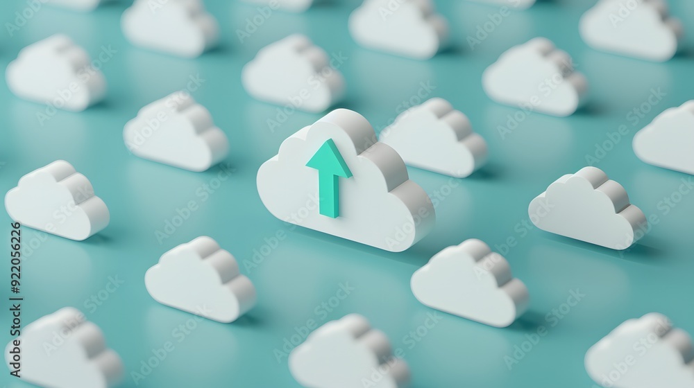 Poster minimalist concept depicting cloud computing, with a unique cloud icon featuring an upward arrow for