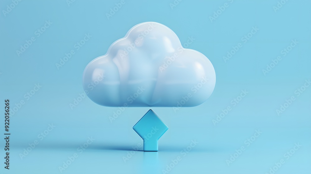 Poster minimalist cloud-shaped object with arrow on blue background, representing cloud storage and data up