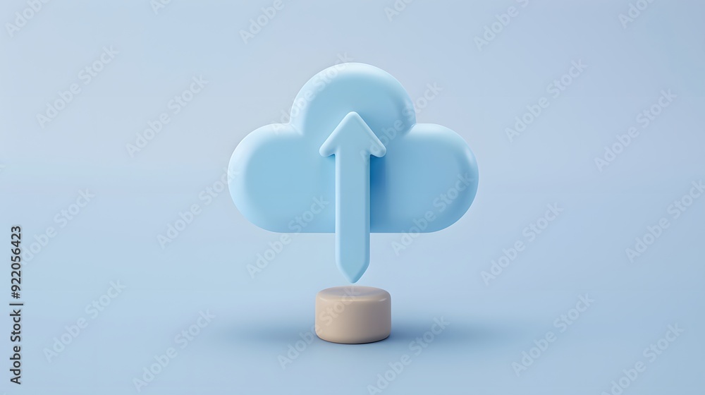 Poster minimalistic 3d illustration of a cloud upload icon symbolizing cloud storage and data transfer on a