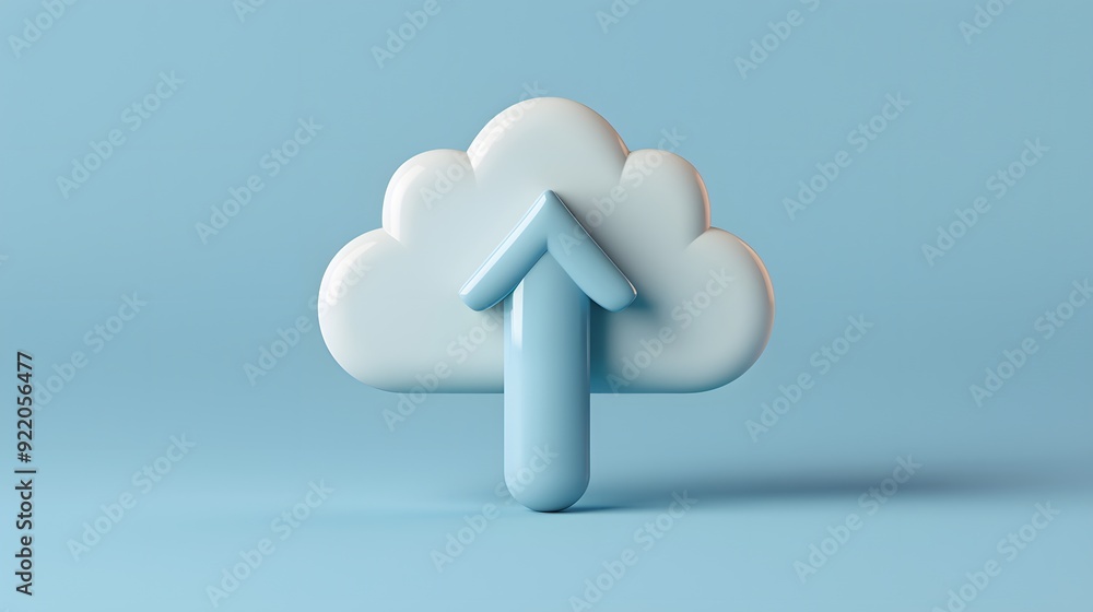 Poster minimalistic 3d illustration of a cloud with an upload arrow against a blue background, symbolizing 