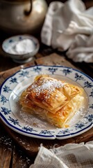 Greek pastry Bougatsa with phyllo dough and semolina custard cream. AI generated illustration