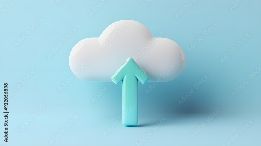 Poster modern cloud symbol with upward arrow on blue background, representing data upload, cloud computing,