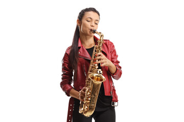 Fototapeta premium Female saxophonist in a red leather jacket playing sax