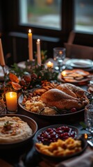 A Thanksgiving dinner table filled with turkey, sides, and candles, creating a warm and inviting atmosphere for family gatherings