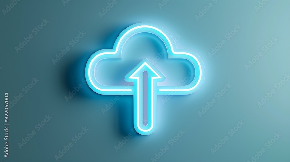 Poster neon blue cloud icon with arrow, symbolizing data upload and cloud storage in a digital, futuristic 
