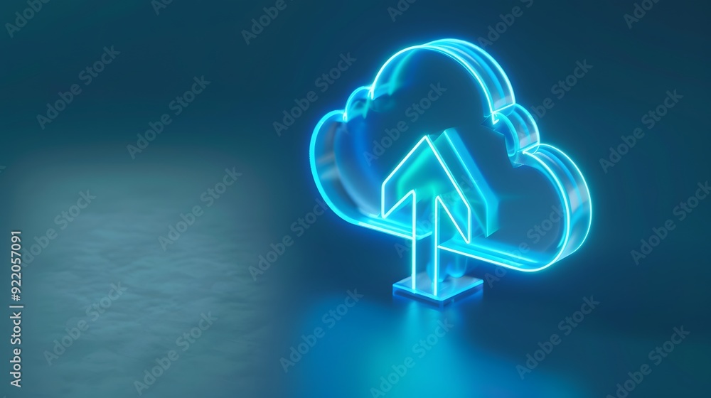 Poster neon blue cloud with an up arrow, symbolizing cloud computing and data upload. futuristic technology