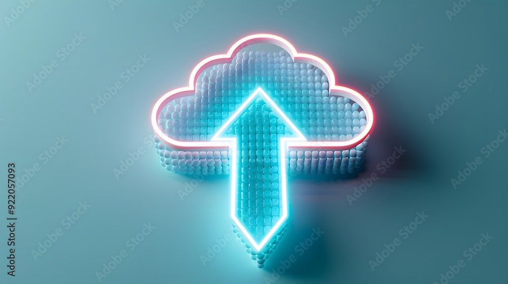 Poster neon blue glowing cloud with upward arrow symbolizing cloud computing, data upload, or internet stor