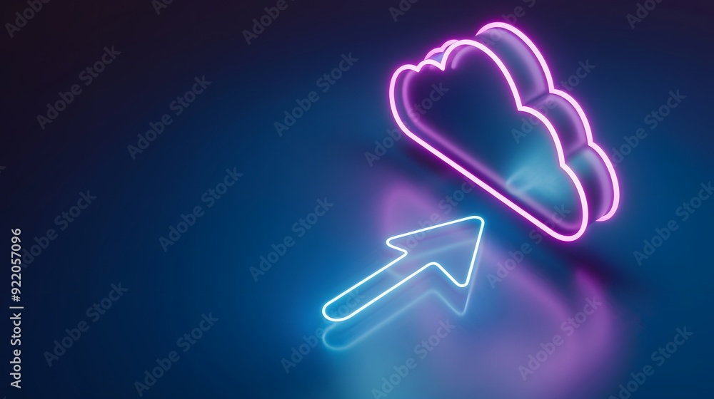 Poster neon cloud and arrow icon, representing cloud computing, data upload, and modern technology on a dar