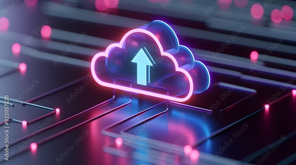 Poster neon cloud computing concept with an upload symbol, representing futuristic technology, data storage