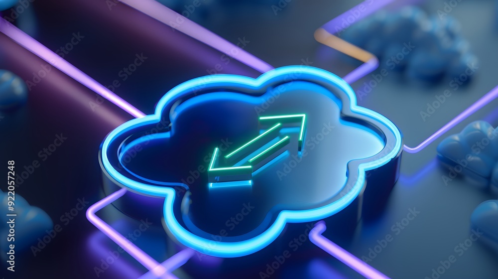 Poster neon cloud computing concept with arrows representing data transfer, illuminated in vibrant blue and