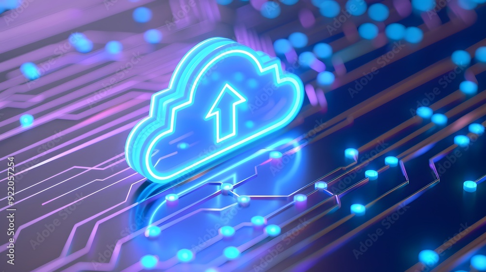Poster neon cloud computing concept with circuit board background, illustrating data upload and advanced te
