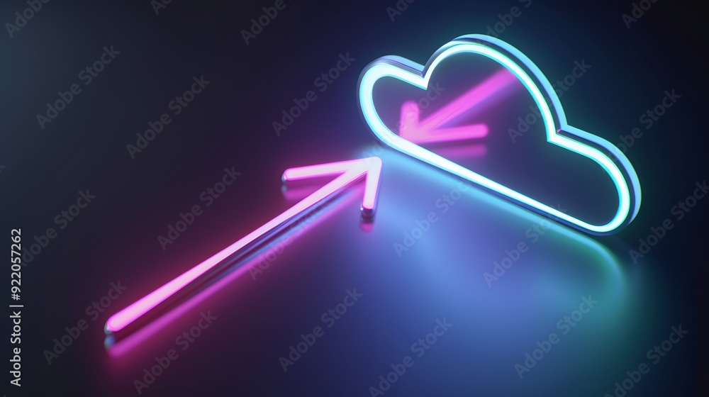 Poster neon cloud computing concept with arrows indicating upload and download in a futuristic style, glowi