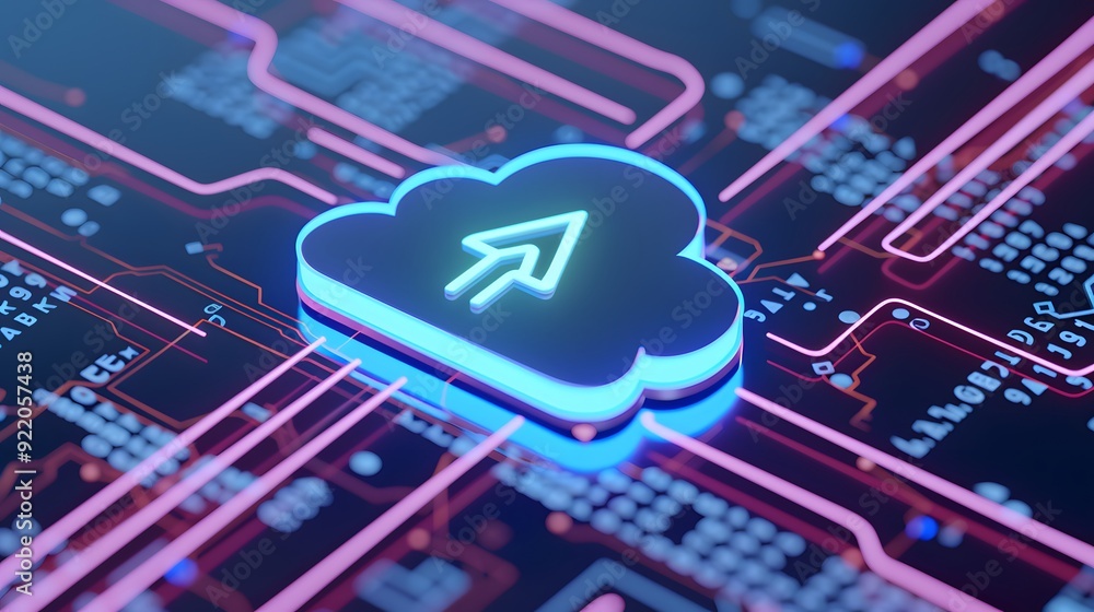 Poster neon cloud computing network and data storage concept with upload symbol and glowing circuit backgro