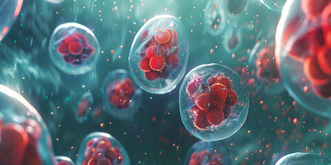 Microscopic View of Encapsulated Red Blood Cells in a Suspended Fluid, cell division, mitosis and meiosis stages,  genome change, chromosomal abbrevation
