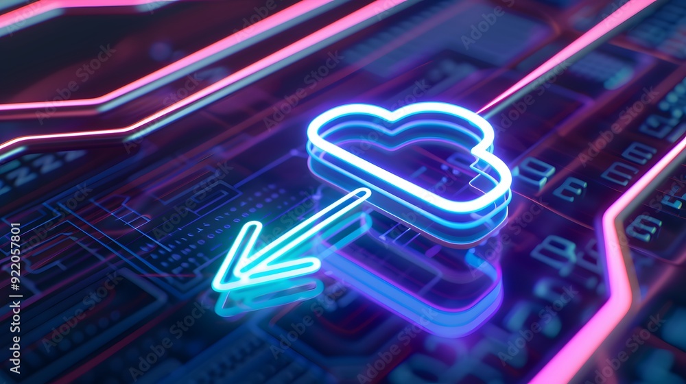 Poster neon cloud icon connected to a circuit board representing cloud computing and data storage with vibr