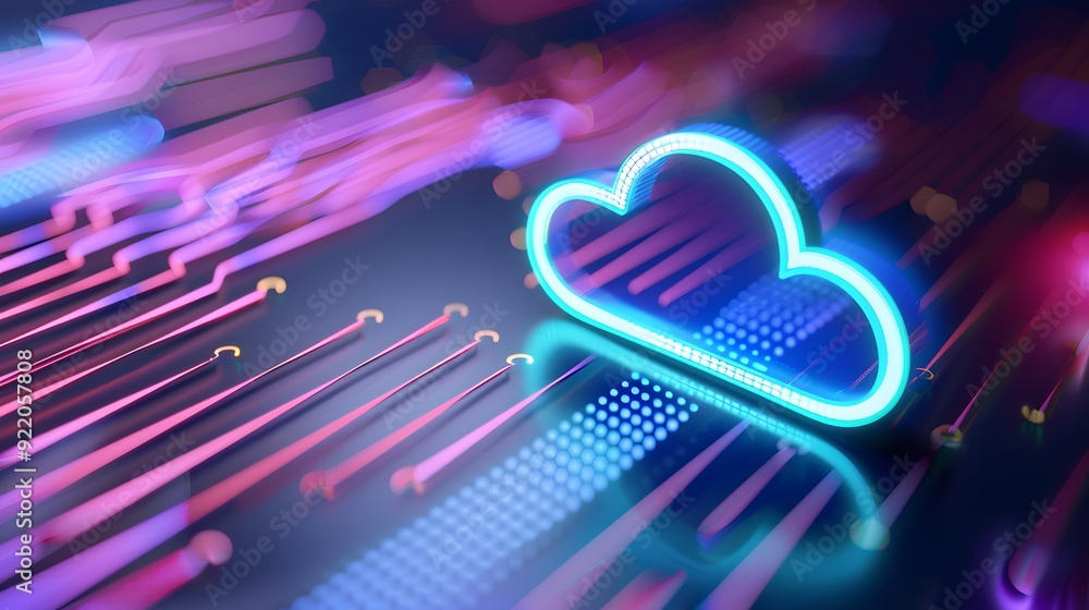 Poster neon cloud icon amidst abstract digital circuitry, representing cloud computing, technology, and dat