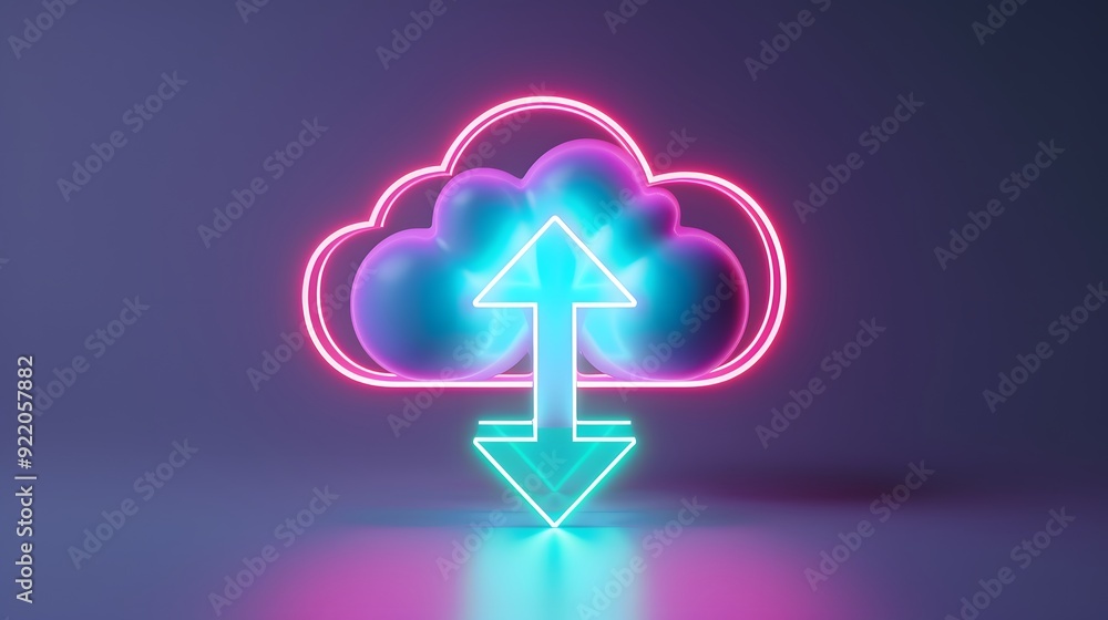 Poster neon cloud icon featuring upload and download arrows, symbolizing data transfer and cloud computing 