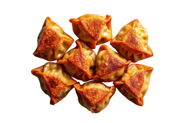 Delicious golden dumplings arranged neatly, ideal for showcasing tasty appetizers or traditional cuisine in food photography.