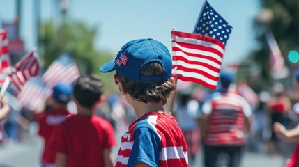 A patriotic celebration with people waving American flags, wearing red, white, and blue attire, and participating in a parade, capturing the essence of national pride and community spirit