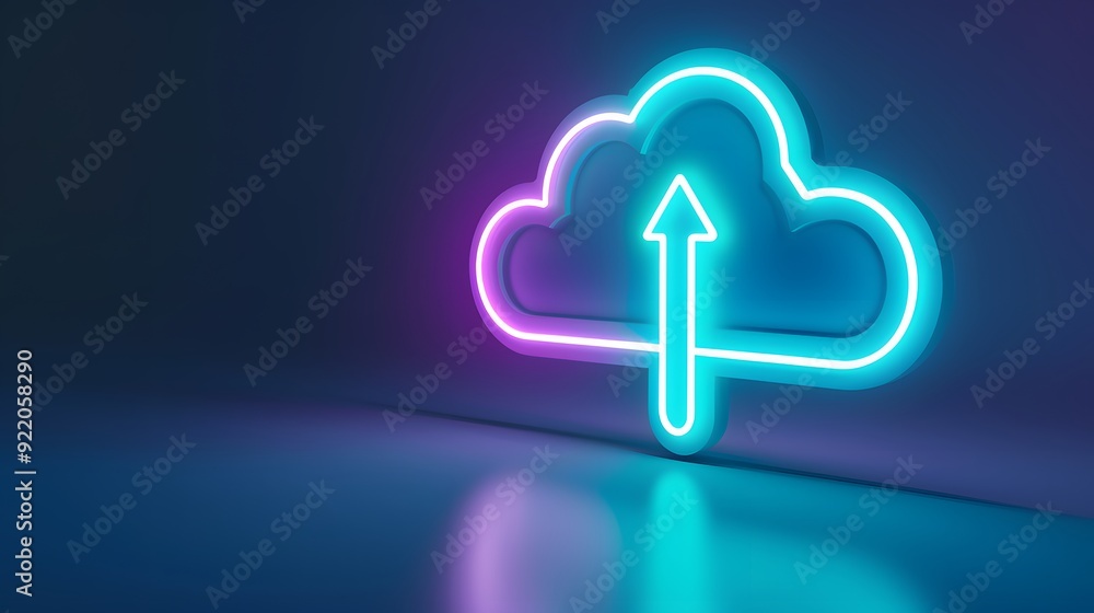 Poster neon cloud icon with an upload arrow, symbolizing cloud storage and data transfer in a modern digita