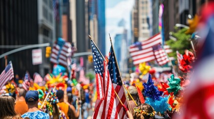 A vibrant scene of a Labor Day parade with colorful floats, marching bands, and spectators lining the streets, waving American flags and cheering, creating a festive and patriotic atmosphere