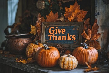 Colorful pumpkins and vibrant autumn leaves surround a Give Thanks sign, creating a warm seasonal atmosphere