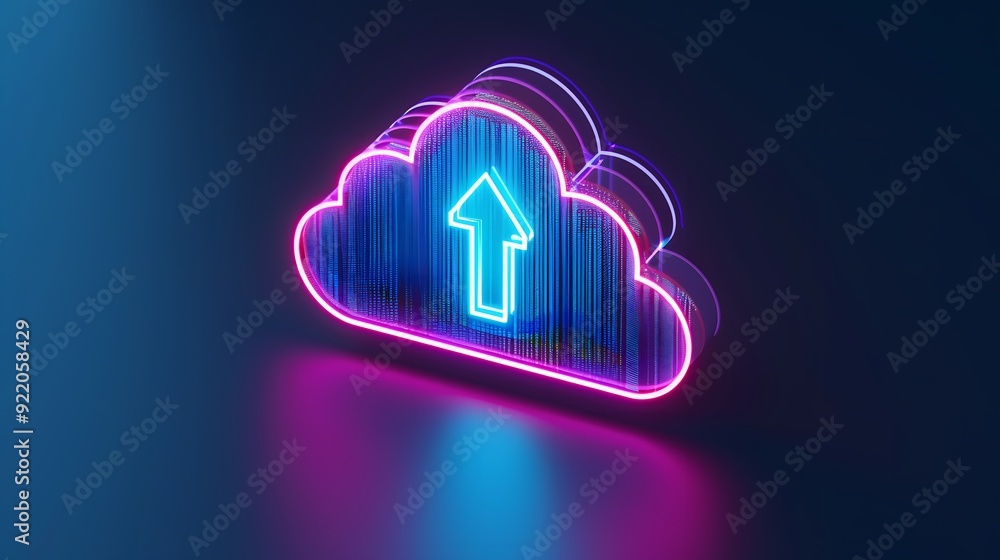Aufkleber neon cloud icon with an upward arrow, depicting cloud computing and data upload concept. futuristic 