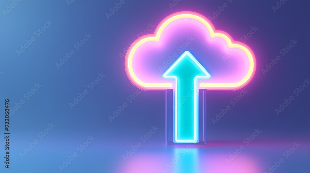 Poster neon cloud icon with an upward arrow on a blue gradient background, symbolizing cloud computing and 