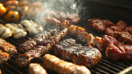 A detailed close-up of a barbecue grill filled with a variety of meats, the smoke rising and the charcoal glowing, creating a mouth-watering scene of summer cooking