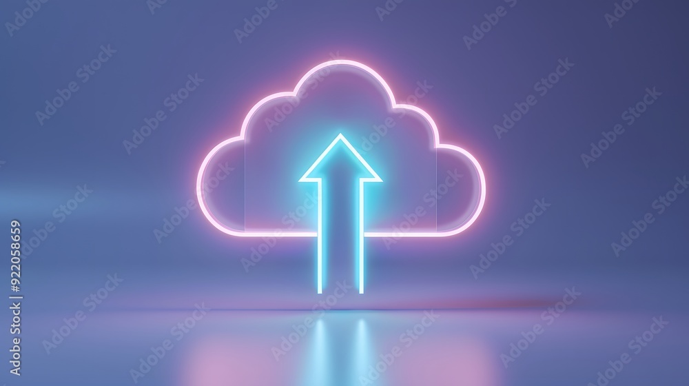 Aufkleber neon cloud icon with an upward arrow symbolizing cloud computing and data uploading, glowing in a fu
