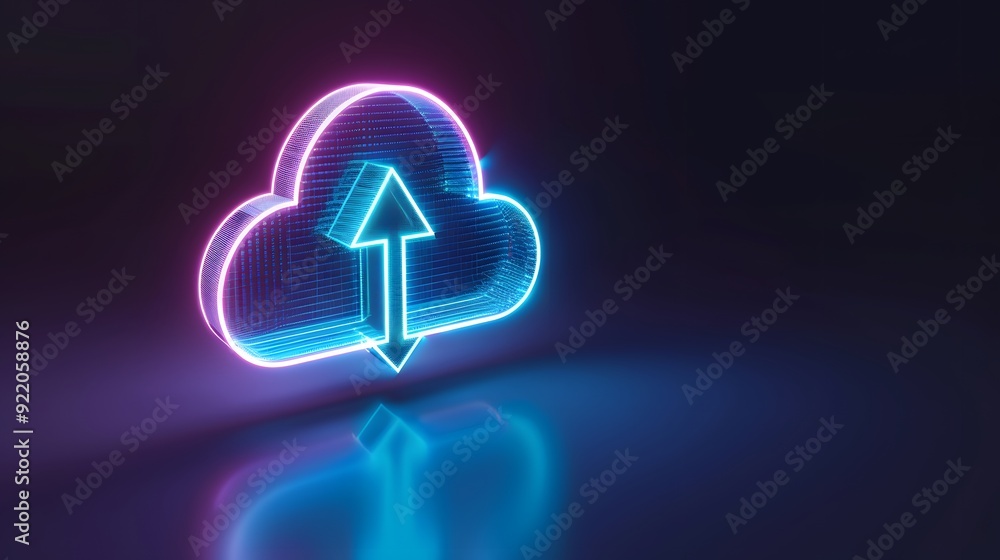 Poster neon cloud icon with an upward arrow, symbolizing cloud computing and data transfer, glowing on a da