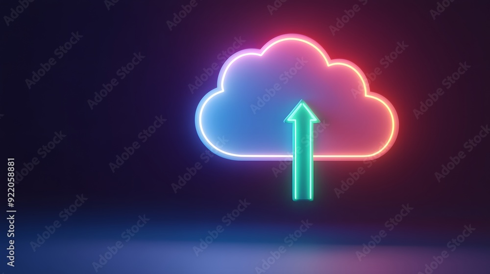Poster neon cloud icon with an upward green arrow, symbolizing cloud computing and data upload, on a dark b