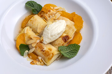 Delicious pancakes on a plate. Close up