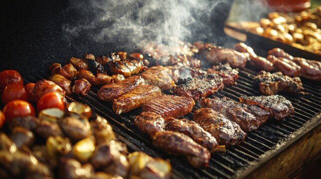 A detailed close-up of a barbecue grill filled with a variety of meats, the smoke rising and the charcoal glowing, creating a mouth-watering scene of summer cooking
