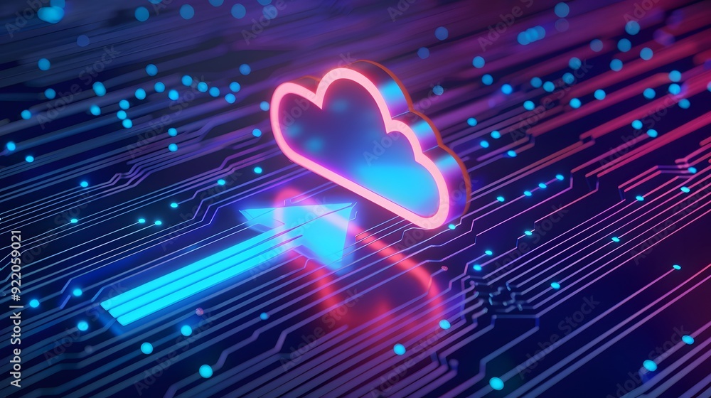 Poster neon cloud icon with arrow on circuit board background representing cloud computing, data transfer, 