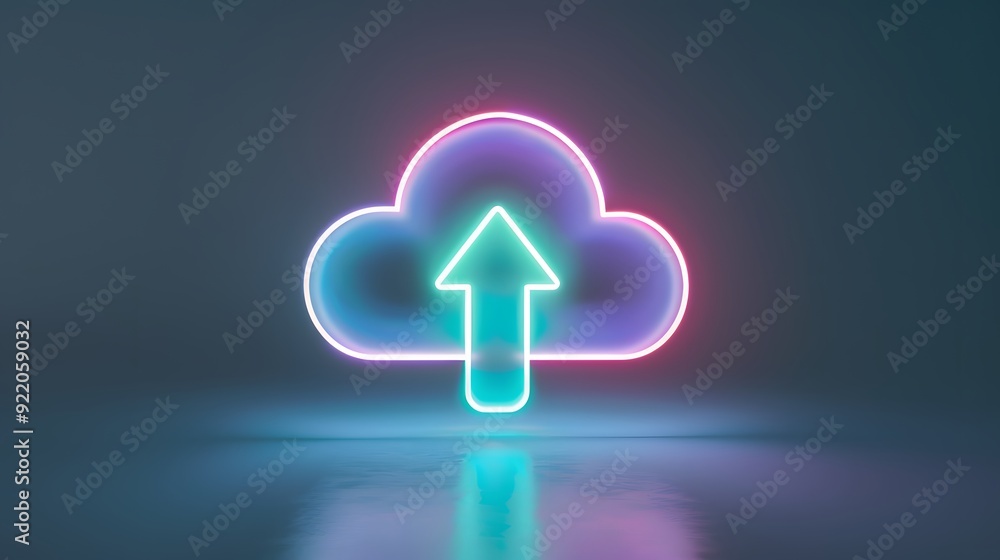 Poster neon cloud icon with arrow pointing up, symbolizing data upload and cloud storage technology in a mo