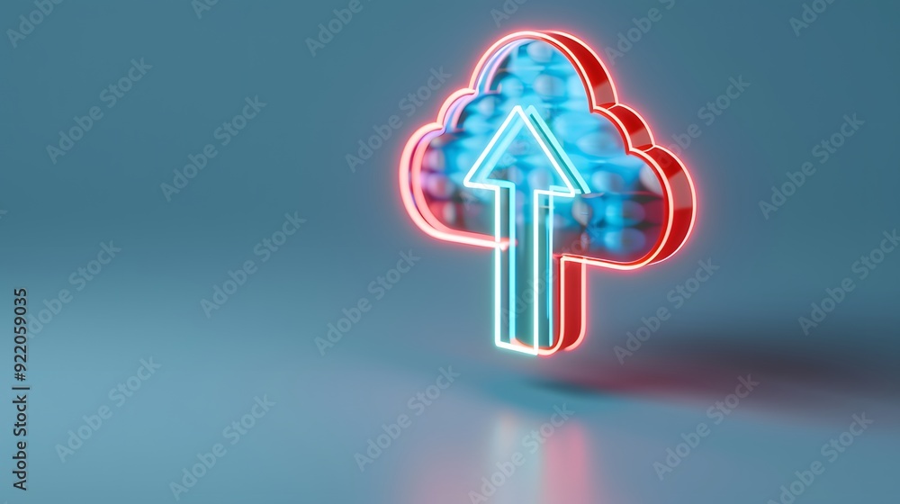 Poster neon cloud icon with arrow pointing up, representing cloud storage and data transfer on a blue backg