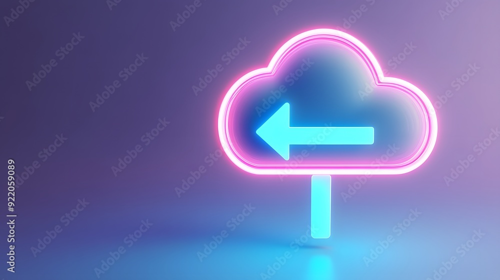 Poster neon cloud icon with arrow symbol representing data transfer, sync or upload. concept of digital tec