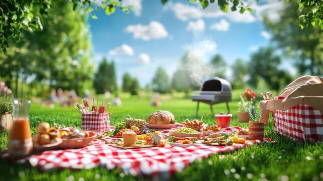 A picturesque family picnic with a red and white checkered blanket, a variety of foods spread out, children playing games, and a barbecue grill smoking in the background, all set in a lush green park