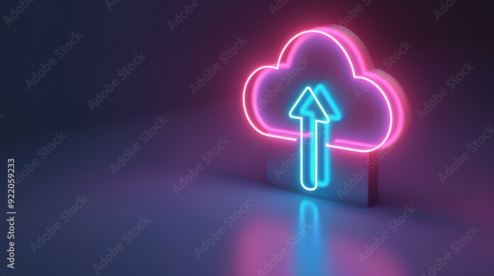 Poster neon cloud icon with arrow symbolizing data upload and storage, vibrant digital concept in blue and 