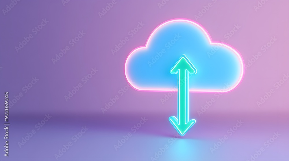 Poster neon cloud icon with arrows illustrating data upload and download on a purple background. digital an