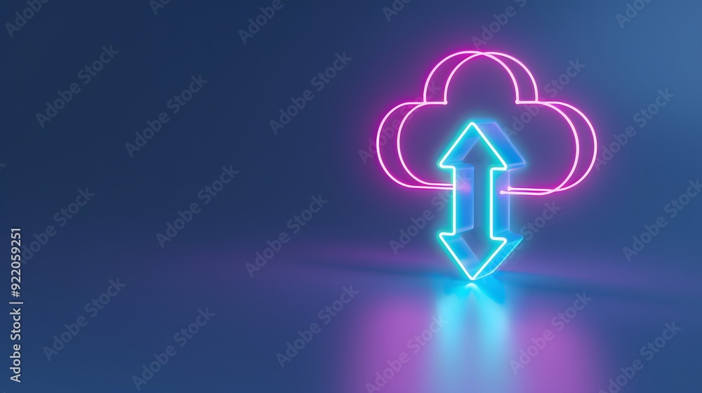 Poster neon cloud icon with arrows representing cloud computing and data transfer on a blue background. mod