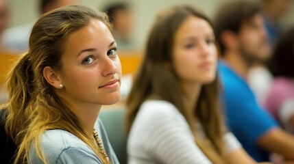 Fototapeta premium Parents and students at a college orientation, listening to presentations about academic programs and campus life, the atmosphere informative and welcoming, helping first-year students transition