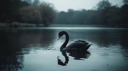 Beautiful black swan in a lake, swimming by itself, the weather is dark and gloomy