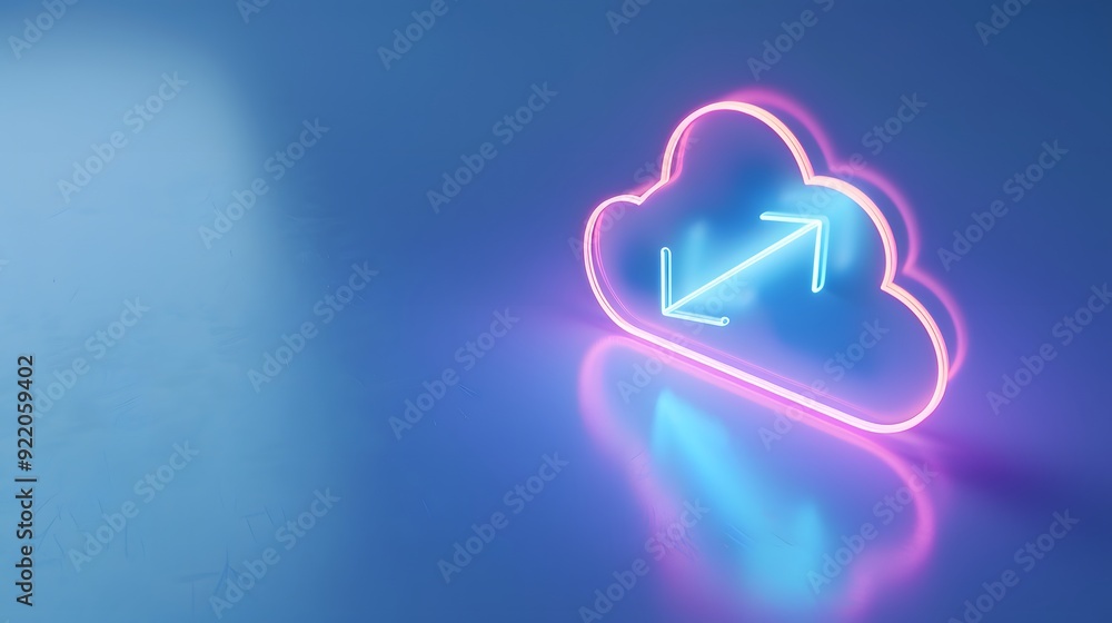 Poster neon cloud icon with arrows symbolizing data transfer or cloud computing on a minimalist blue backgr