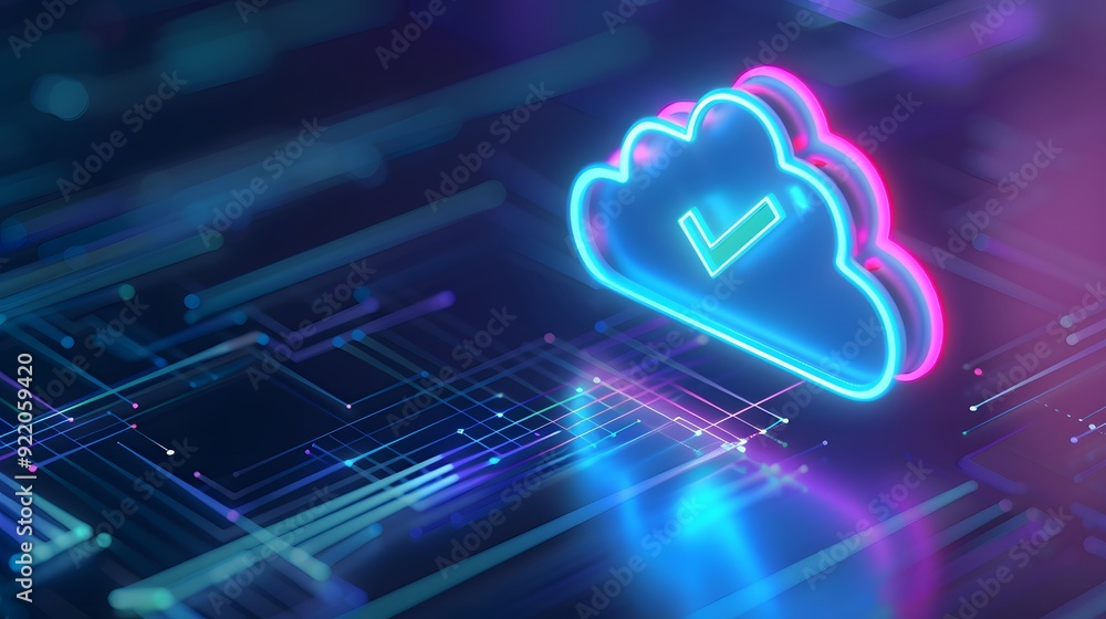 Poster neon cloud icon with checkmark on a digital abstract background, representing cloud computing and da