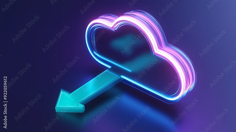 Poster neon cloud icon with downward arrow symbolizing cloud computing and data transfer on a dark blue bac